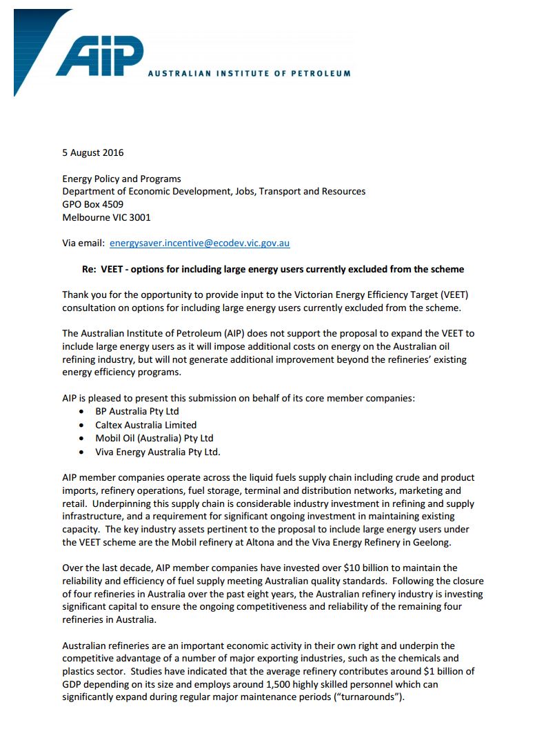 Submission on Victorian Energy Efficiency Target (VEET) Options to Include Large Energy Users